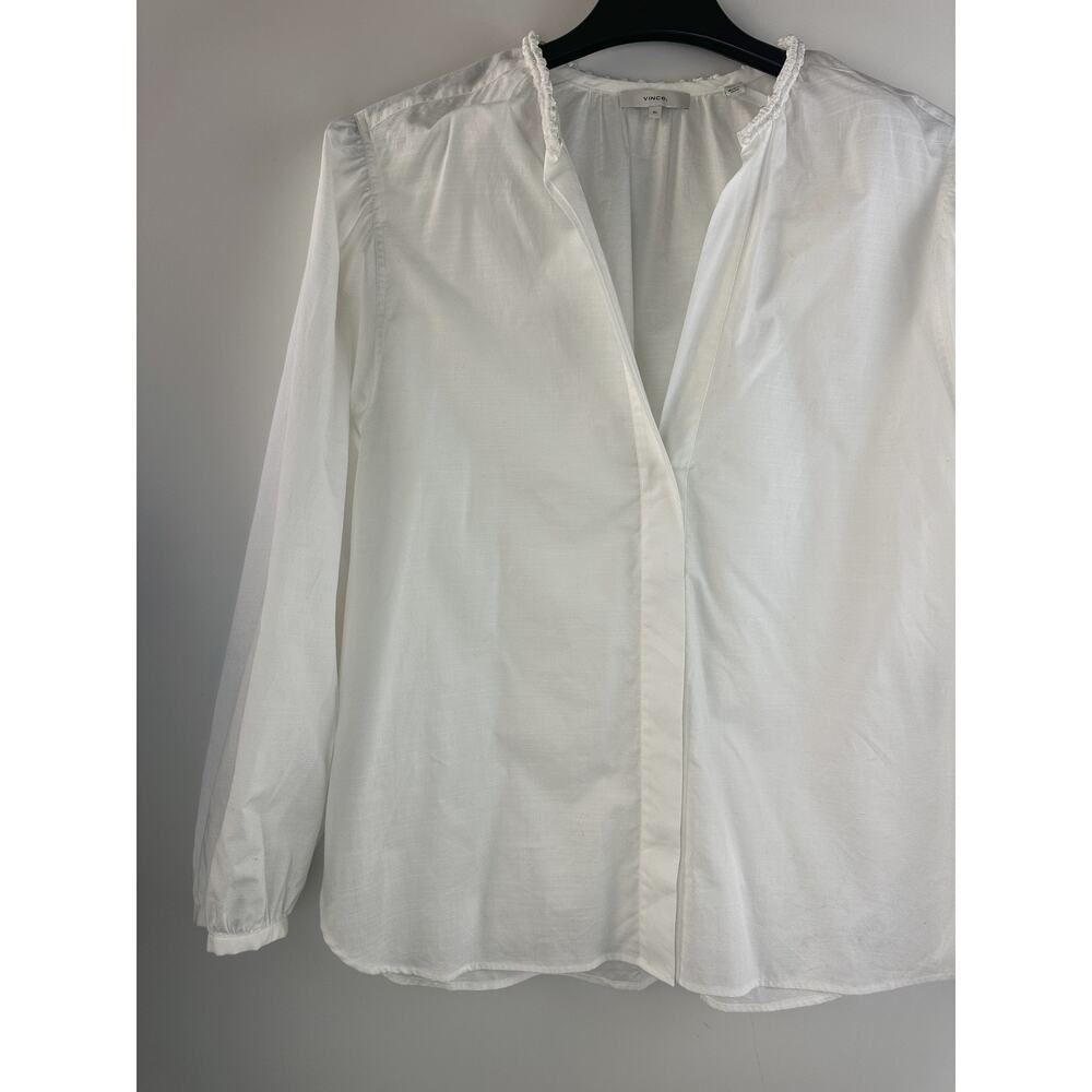 Vince Women's Braid Trim Band Collar Blouse White Button up Top Deep V-Neck XL - Picture 4 of 16